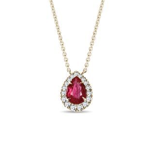 ELEGANT DIAMOND HALO PENDANT WITH RUBY IN YELLOW GOLD - RUBY NECKLACES - NECKLACES