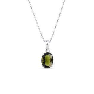 OVAL CUT MOLDAVITE NECKLACE IN 14K WHITE GOLD - MOLDAVITE NECKLACES - NECKLACES
