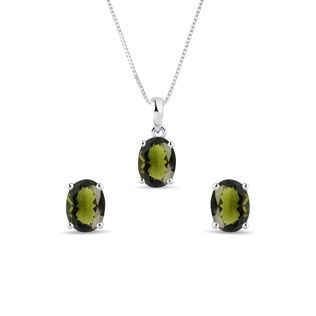 MOLDAVITE JEWELRY SET MADE OF 14K WHITE GOLD - GEMSTONE SETS - FINE JEWELRY