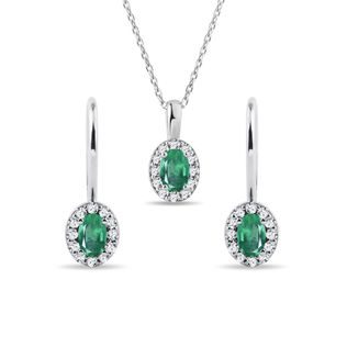 EMERALD AND DIAMOND WHITE GOLD HALO JEWELRY SET - GEMSTONE SETS - FINE JEWELRY