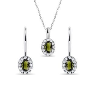 MOLDAVITE AND DIAMOND HALO JEWELRY SET IN WHITE GOLD - GEMSTONE SETS - FINE JEWELRY