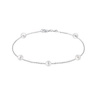 WHITE GOLD CHAIN BRACELET WITH 5 WHITE PEARLS - PEARL BRACELETS - PEARL JEWELRY