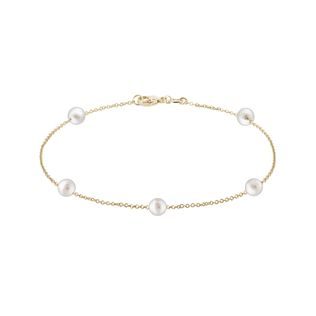 GOLD CHAIN BRACELET WITH 5 WHITE PEARLS - PEARL BRACELETS - PEARL JEWELRY