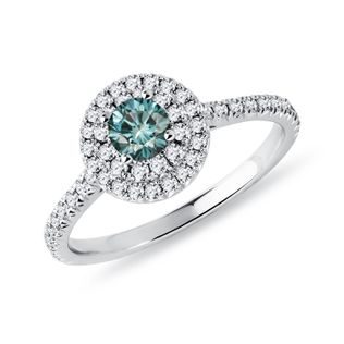 BLUE DIAMOND AND DIAMOND HALO RING IN WHITE GOLD - FANCY DIAMOND ENGAGEMENT RINGS - ENGAGEMENT RINGS