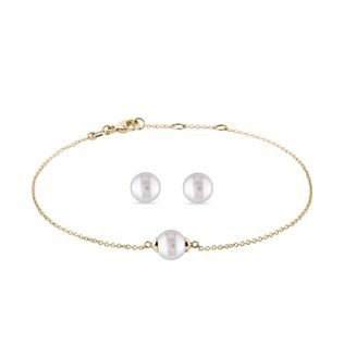 PEARL EARRING AND BRACELET SET IN YELLOW GOLD - PEARL SETS - PEARL JEWELRY