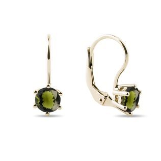 ROUND MOLDAVITE EARRINGS IN YELLOW GOLD - MOLDAVITE EARRINGS - EARRINGS