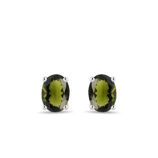 EARRINGS WITH OVAL MOLDAVITES IN WHITE GOLD - MOLDAVITE EARRINGS - EARRINGS